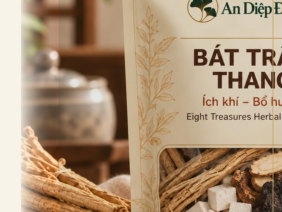 Traditional East Asian herbs and labeled herbal packaging