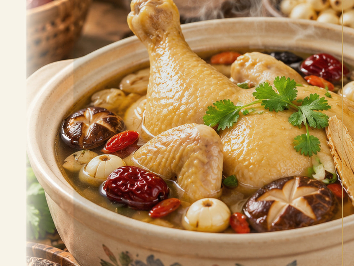 Vietnamese herbal chicken soup with lotus seeds and red dates