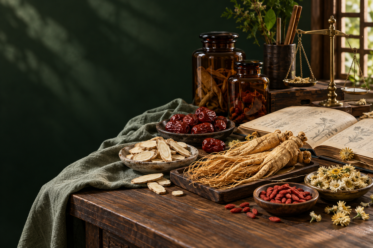 Illustrative herbal apothecary still life with roots, dried botanicals and a traditional notebook