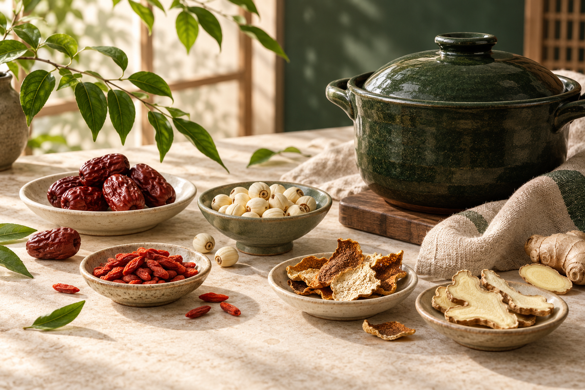 Illustrative arrangement of dried herbal ingredients and a green ceramic pot for An Diệp Đường
